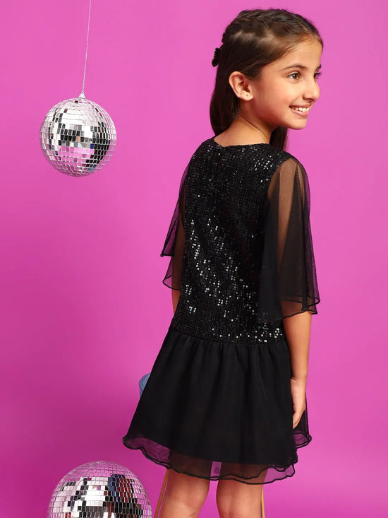 Tales & Stories Girls Black Polyester Regular Fit Sequins Dress