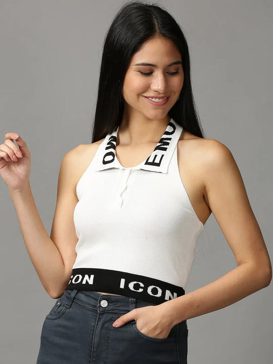 Women's White Solid Fitted Crop Top-ARN-952-White