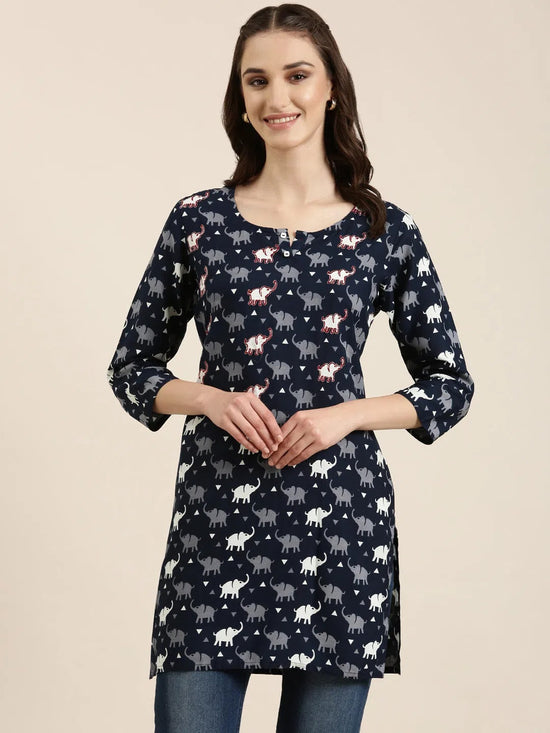 Women Navy Blue Printed Straight Kurti-NJ-3731282-Navyblue