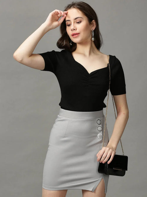 Women's Grey Solid Pencil Skirt-AE-10436-Grey