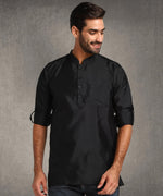 Hangup Men Standard Solid Men's Indian Wear-Black_Dupion_Patch_Short2Kurta