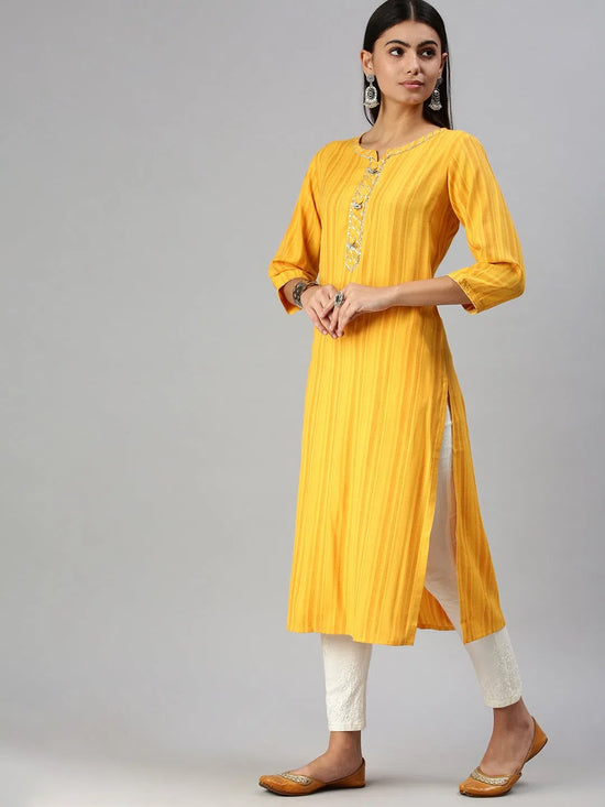 Women's Yellow Striped Straight Kurta-HO386-Yellow