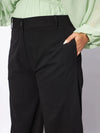 Women Black Hem Button Detail Straight Pants