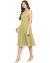 Green Coloured Solid Skater Dress in Olive Green