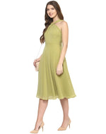 Green Coloured Solid Skater Dress in Olive Green