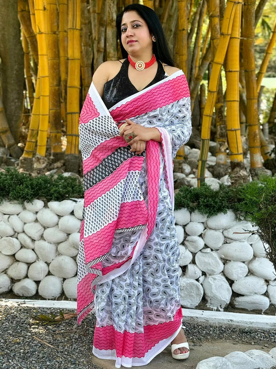 Saree Mall Women's Cotton Blend White Printed Designer Saree With Blouse Piece-MINAXI5601