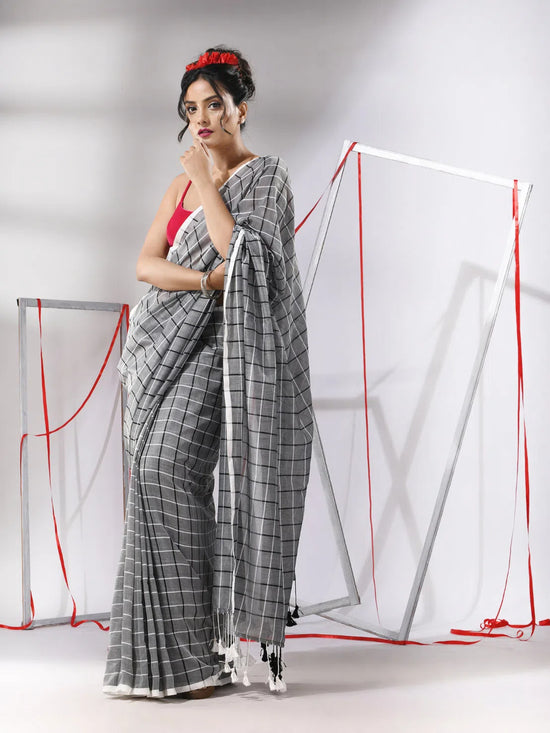 Grey Cotton Saree With Check Designs-MA55CT06520145