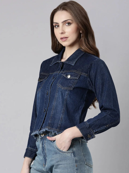 Women Navy Blue Solid Denim Jacket-AE-0115-Navyblue