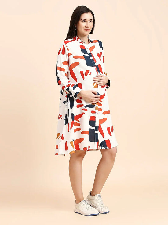 MomToBe Geometric Print Maternity Shirt Dress-1244mtbwhtabstractd-l