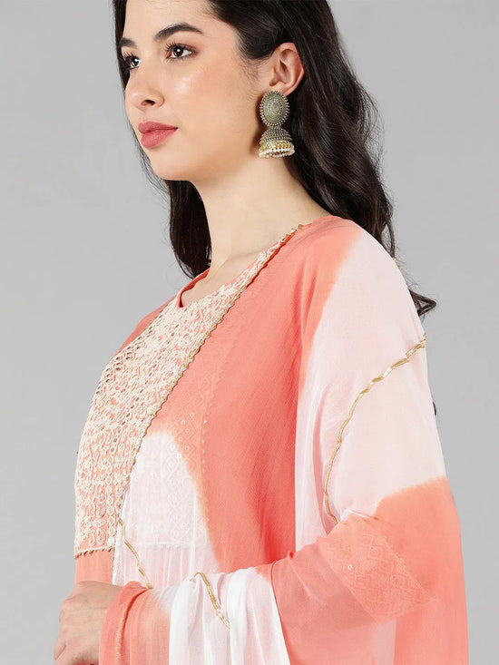 Ahika Women Peach Solid Kurti Trousers With Dupatta