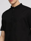 Men Black Solid Mandarin Collar Casual Short Kurta-QATARKURTHALINEN-63-Black