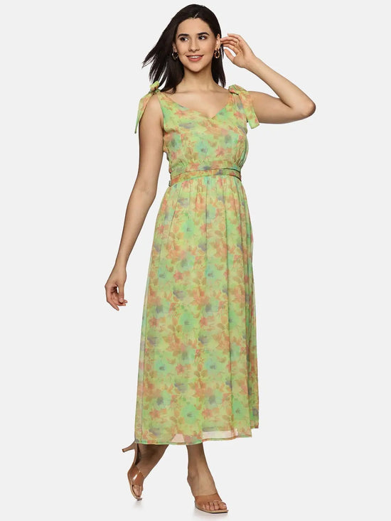 Floral Green Tie-up Detailed Maxi Dress-17351