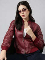 Women Solid Maroon Bomber Jacket-8011-Maroon