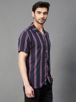 Rigo Navy Multi Stripe Cuban Collar Half Sleeve Rayon Shirt