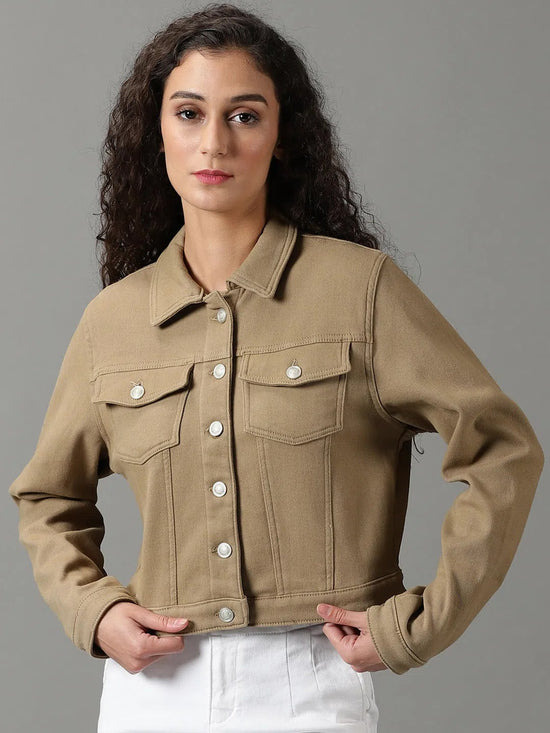 Women's Khaki Solid Denim Jacket-IM-10534-Khaki