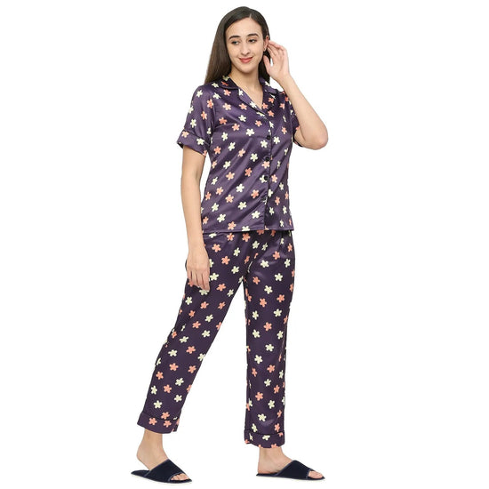 Smarty Pants Women's Silk Satin Wine Color Floral Print Night Suit