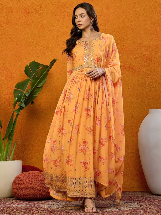 Ahika Polyester Floral Orange Indian Ethnic