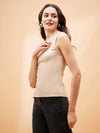 Women Beige Rib Side Slit Top