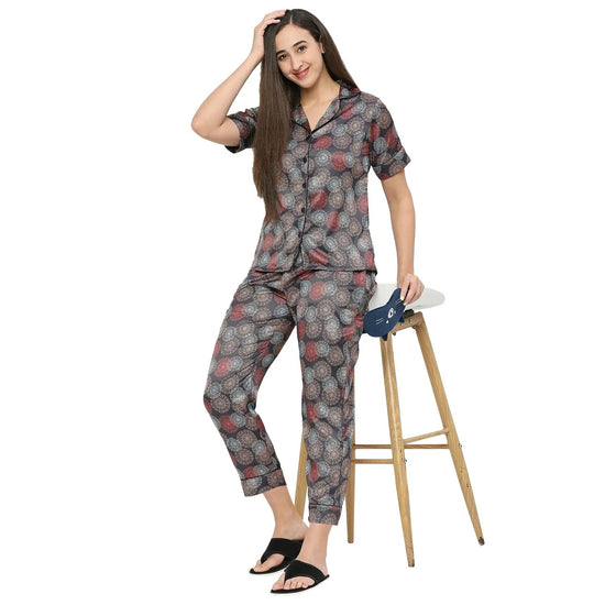 Smarty Pants Women's Silk Satin Grey Color Geometric Floral Print Night Suit