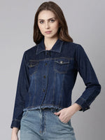 Women Navy Blue Solid Denim Jacket-AE-0115-Navyblue