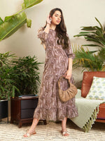 Women Brown Floral Waist Cut-Out Tiered Dress