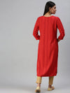 Women's Red Striped Straight Kurta-HO386-Red