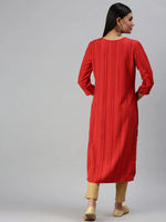 Women's Red Striped Straight Kurta-HO386-Red