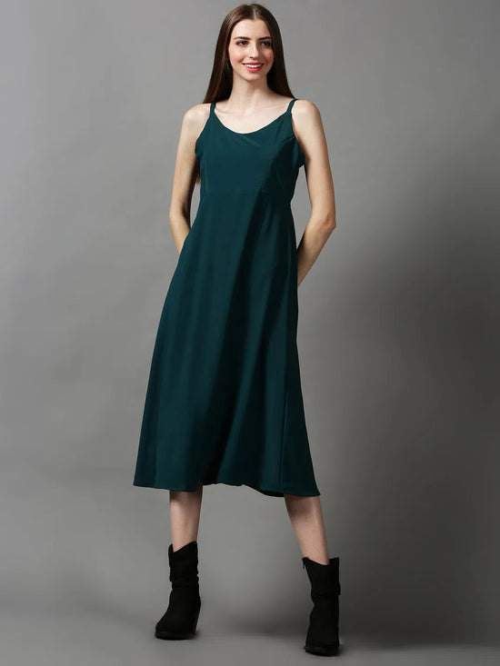 Women's Green Solid A-Line Dress-AE-15057-Green