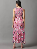 Women's Pink Floral Fit and Flare Dress-AE-15736-Pink