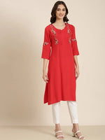 Women Red Solid Straight Kurta-DF-1549-Red