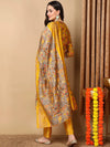 Ahika Women Yellow Silk Blend Printed Straight Kurta Pant Set With Dupatta