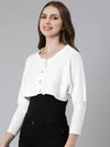 Women White Solid Front-Open Crop Sweater-CHN-0602-White