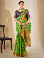 Saree Mall Women's Cotton Blend Light Green Woven Design Designer Saree With Blouse Piece-MYSHA82304