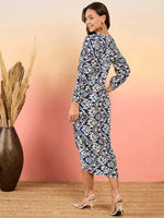 Overlap neck Tulip midi Dress in Blue Ikkat Print