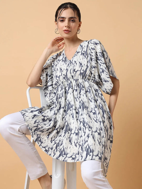 Women White Printed Kaftan Top-AE-9931-Whitenavyblue