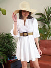 Women White Poplin Puff Sleeves Gathered Dress