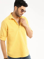 Men Yellow Solid Shirt Collar Casual Short Kurta-LAGOM-2022-Yellow