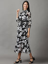 Women's Black Floral Fit and Flare Dress-AE-15610-Black