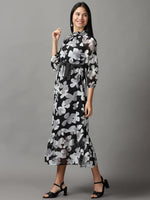 Women's Black Floral Fit and Flare Dress-AE-15610-Black