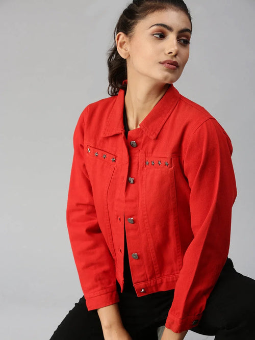 Women's Red Solid Denim Jacket Jackets-AE-999147-Red