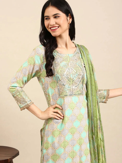 Women's Green Colourblock Kurta Set-GW-3141-Green