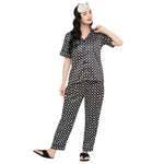 Smarty Pants Women's Silk Satin Black & White Color Geometric Printed Night Suit