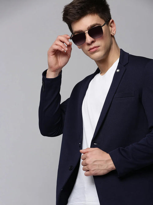 Men Navy Solid Blazer-EXES-3003-Navyblue