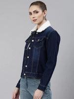 Women Navy Blue Solid Denim Jacket-LT-10538-Navyblue