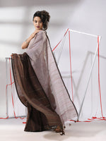 Brown Cotton Saree With Stripes Pattern Sequine Work-MA55CT06500130