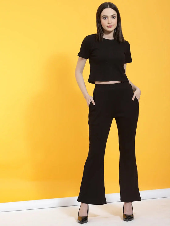 Rigo Self Textured Crop Top & Bell Bottoms With Pockets Co-Ord Set-WTRKST1021-L