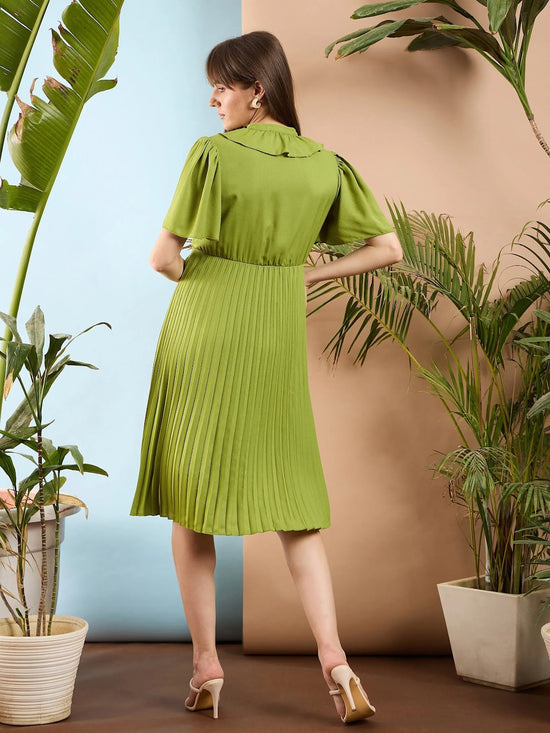 Women Olive Frill Neck Accordion Pleated Midi Dress