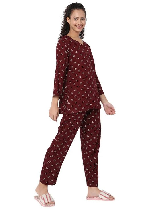 Smarty Pants Women's Cotton Maroon Color Polka Dot Print Night Suit