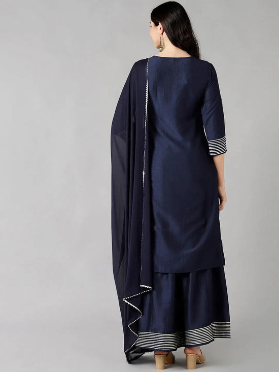 Ahika Women Navy Blue Solid Embroidered Kurta Sharara With Dupatta