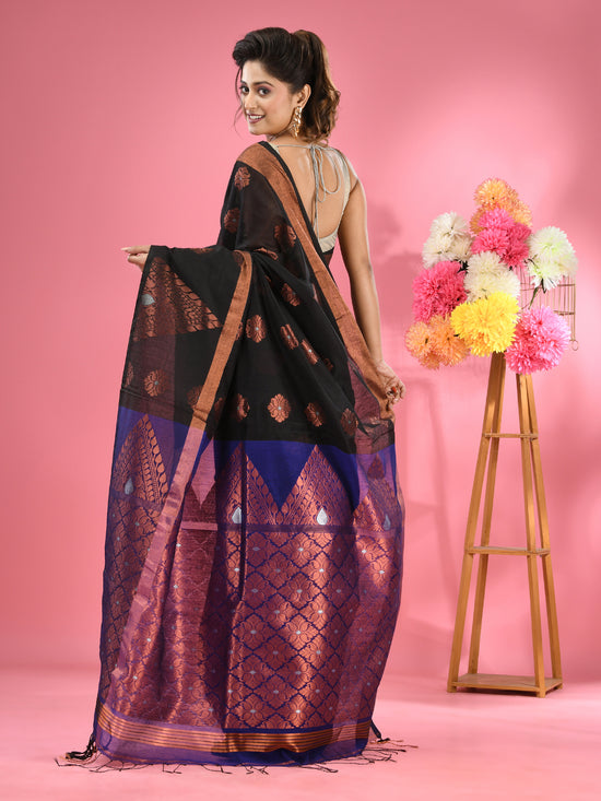 Black Cotton Blend Handwoven Saree With Nakshi Designs-MA51BCT431380013